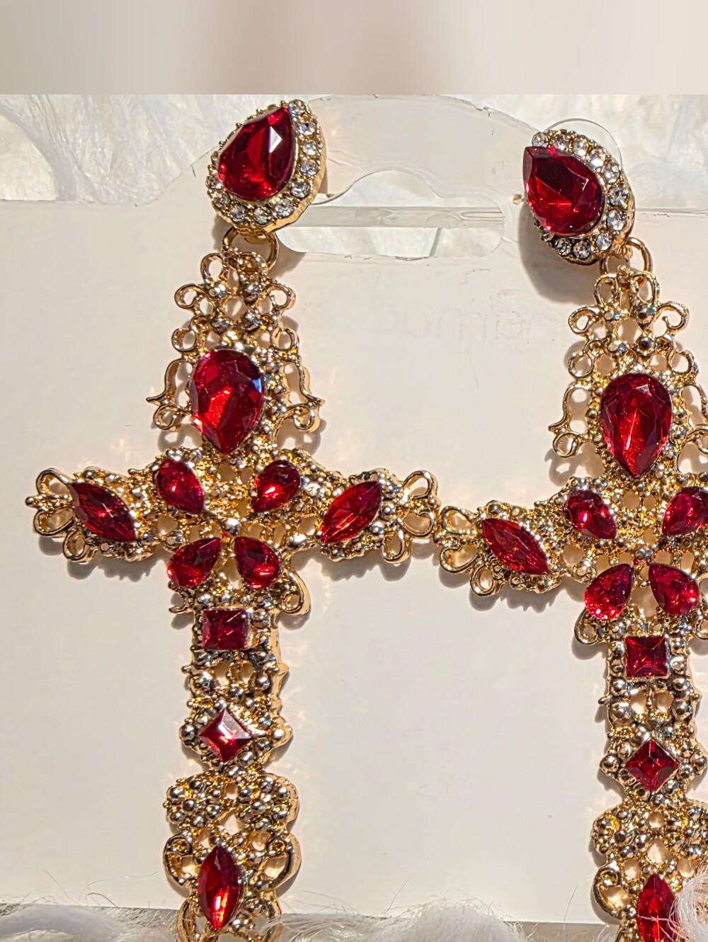 Gold-Tone Red Crystal Cross Drop Earrings